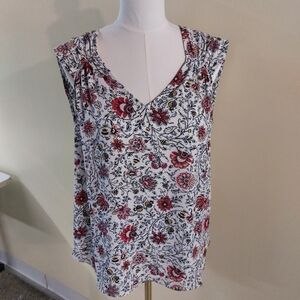 LOFT Floral V-Neck Blouse - Red, Black, and White